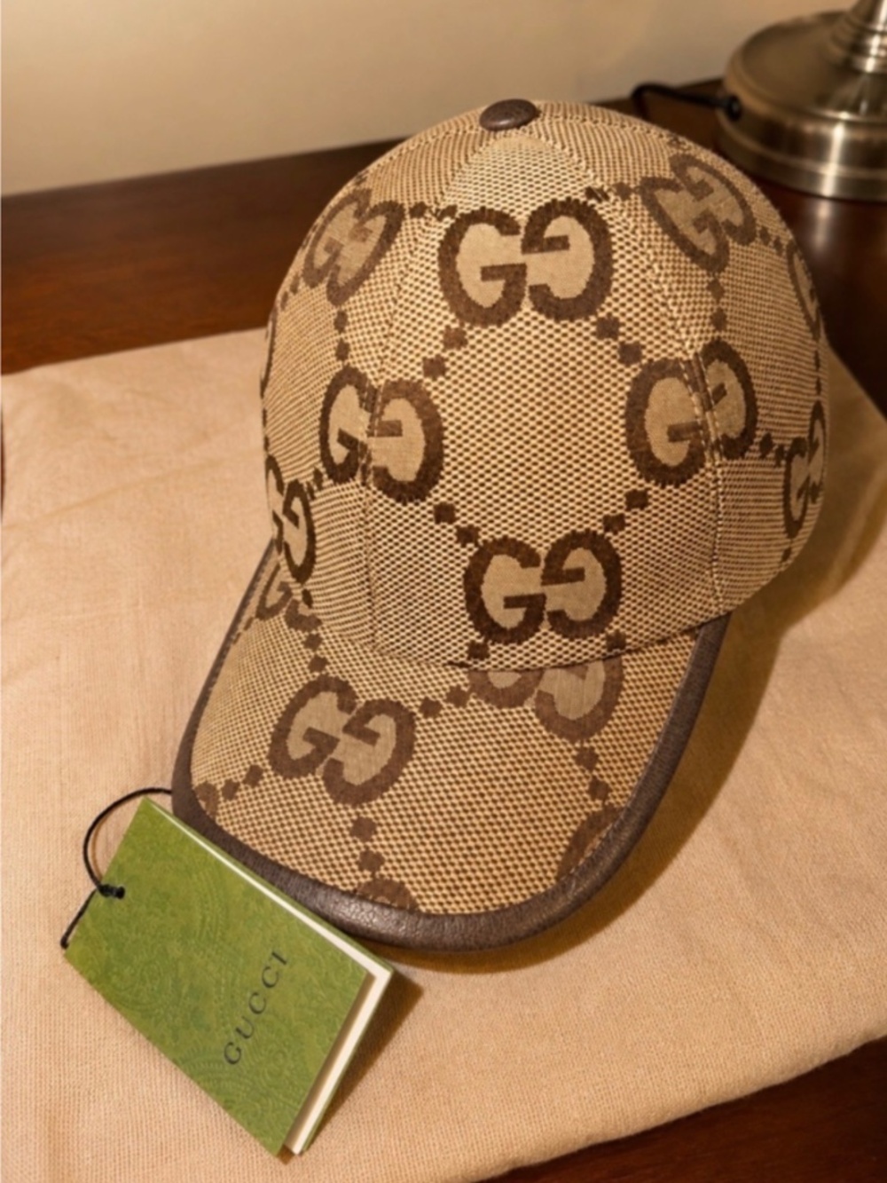 Gucci Jumbo GG Canvas Baseball Cap Hat Camel Ebony Leather Trim Authentic - Picture 4 of 4